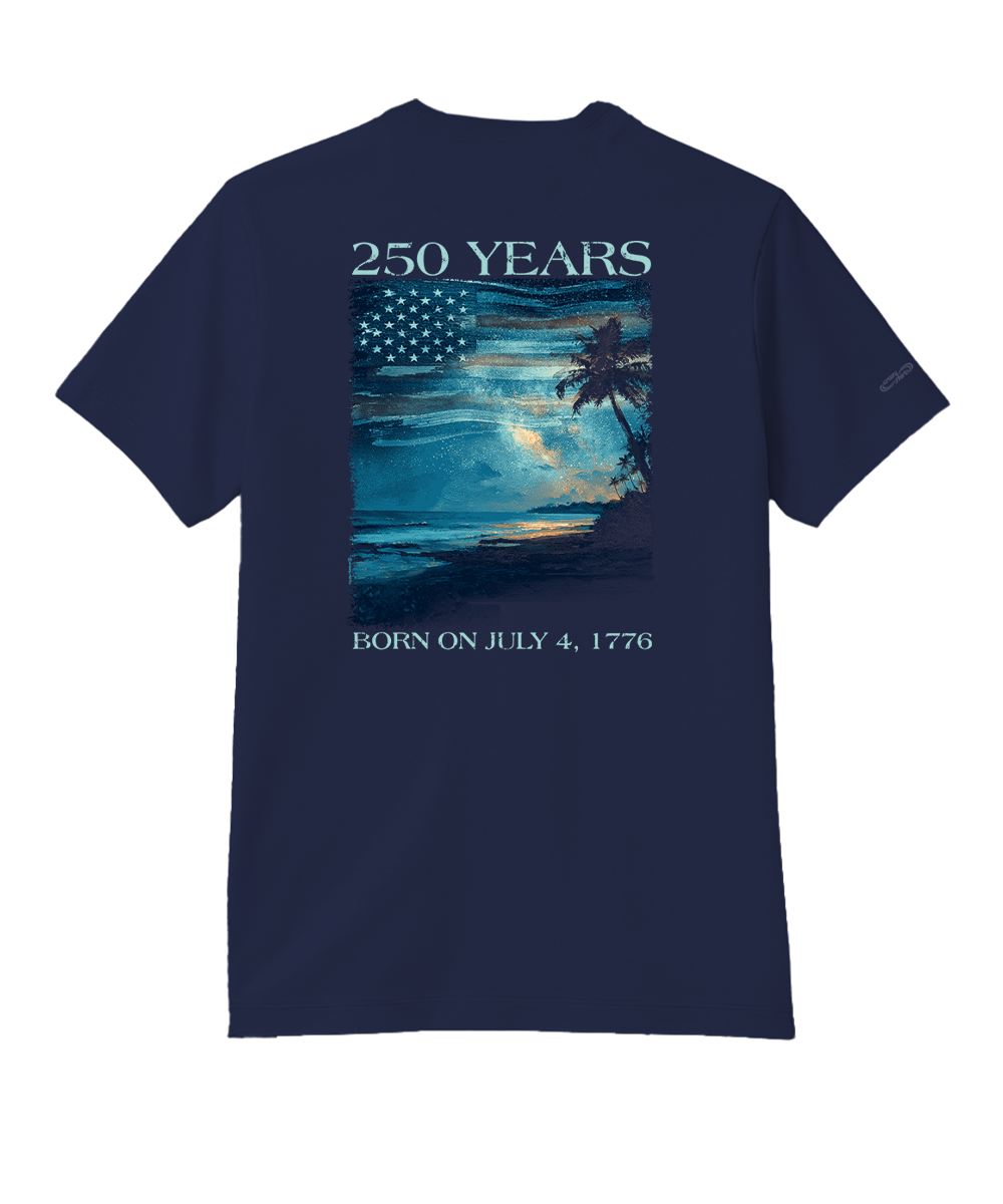 Navy blue t-shirt with a graphic design on the back featuring an American flag, palm tree, and text. View 1