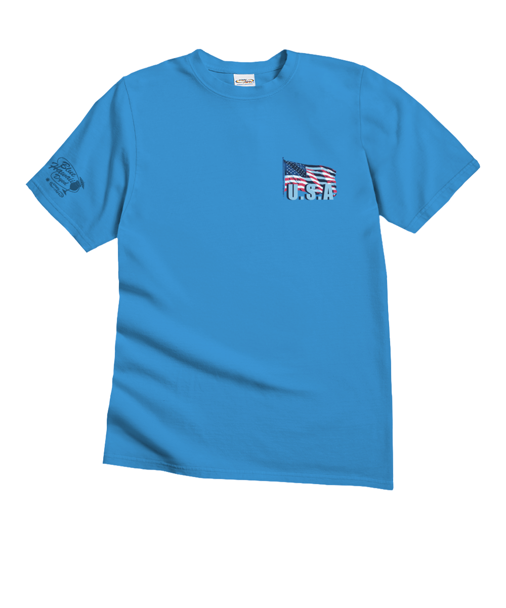 Blue t-shirt with a U.S. flag design on a white background View 4