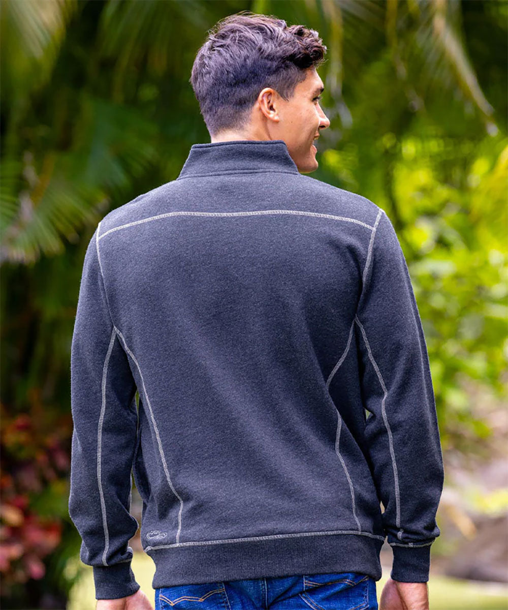 Person wearing a dark gray fleece jacket with a blurred natural background View 3