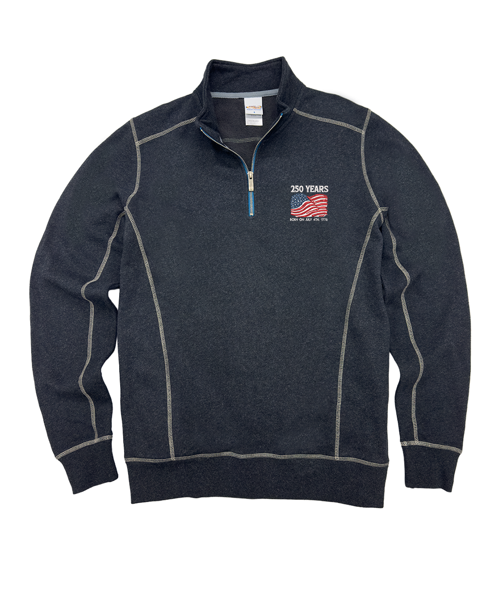Dark gray pullover with a logo on the chest against a white background View 1