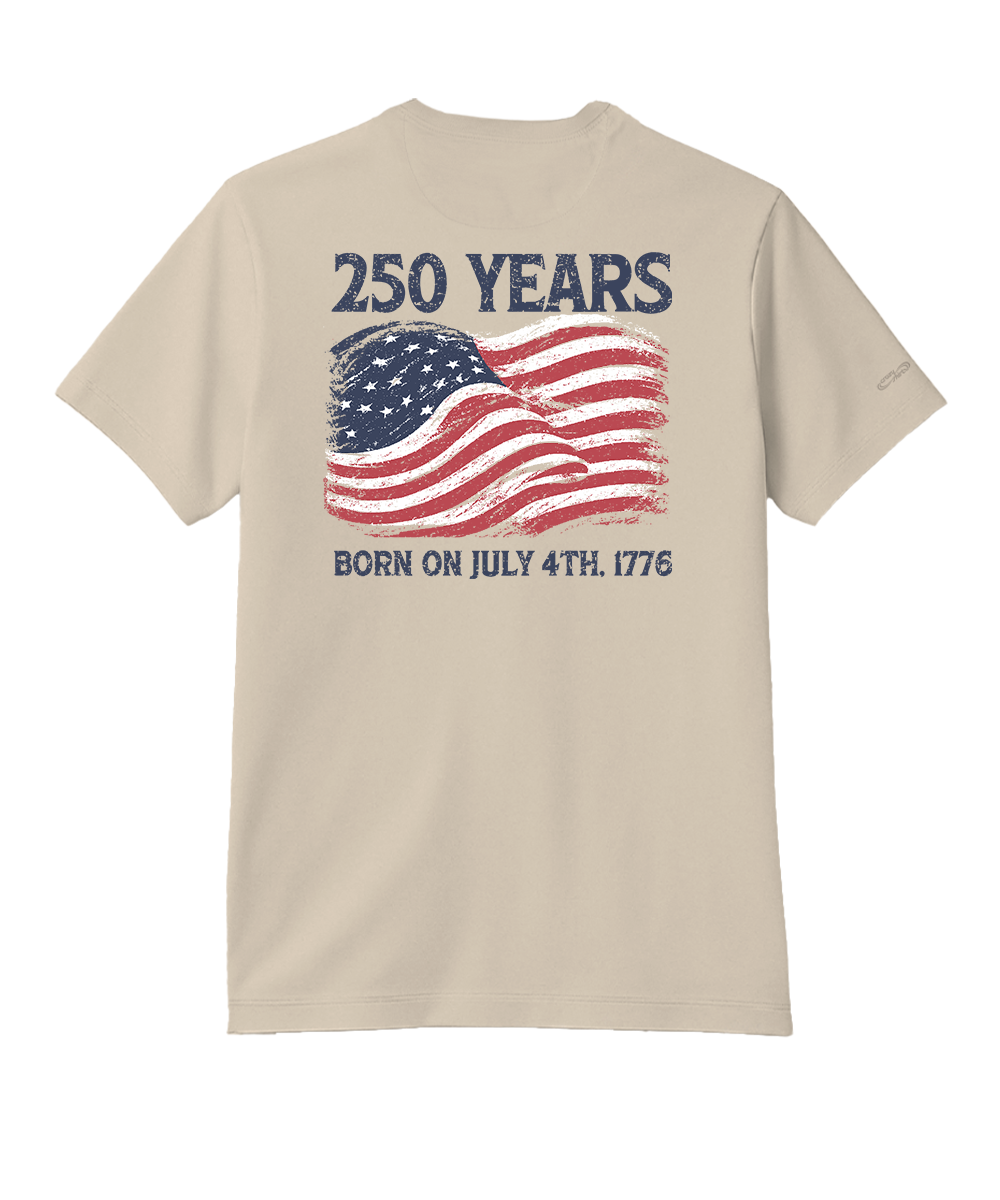 Beige t-shirt with American flag graphic and text on a white background View 1
