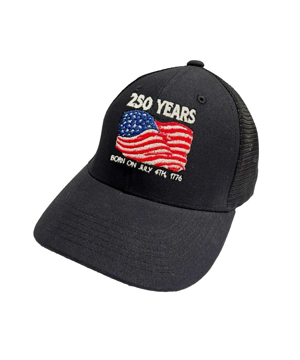 Black cap with American flag and '250 Years' text on a white background View 1