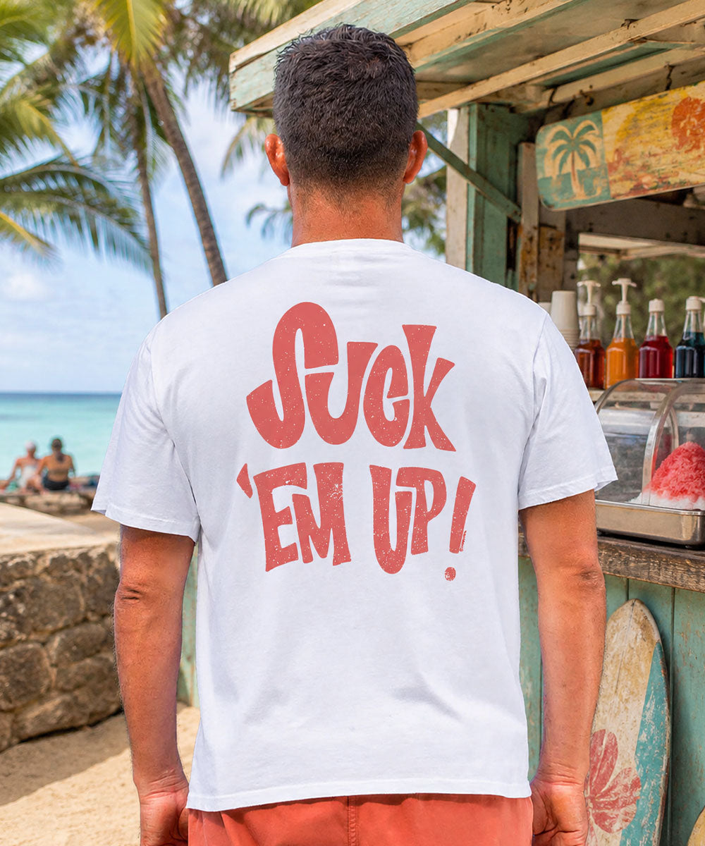 Person wearing a white t-shirt with red text outdoors View 2