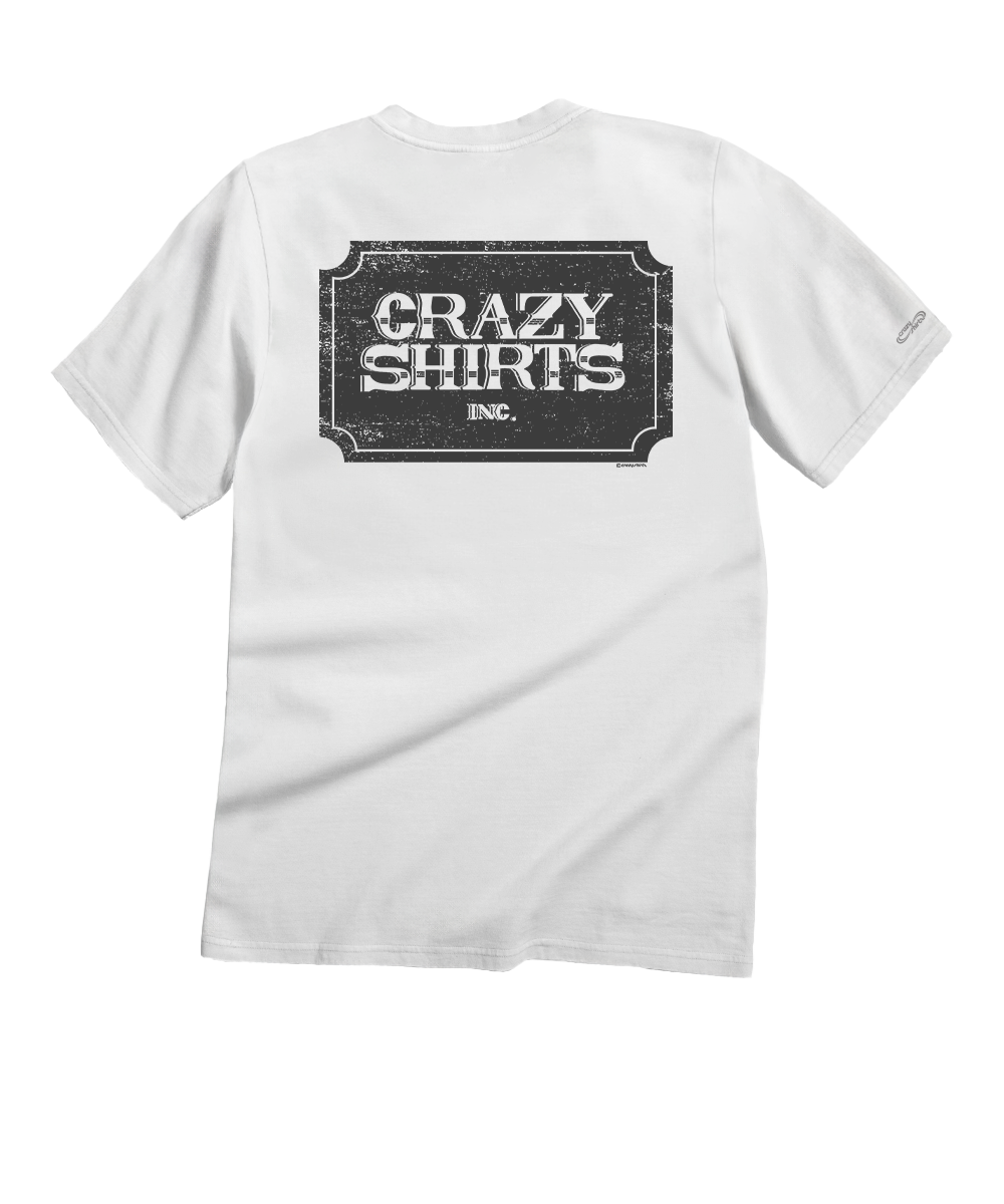 White t-shirt with 'Crazy Shirts Inc.' logo on the back against a white background View 1
