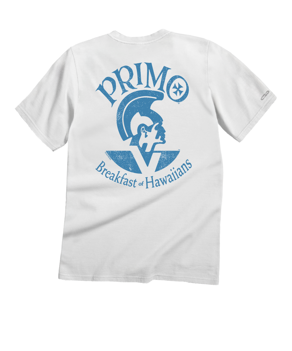 White t-shirt with blue 'Primo' logo on a white background View 1
