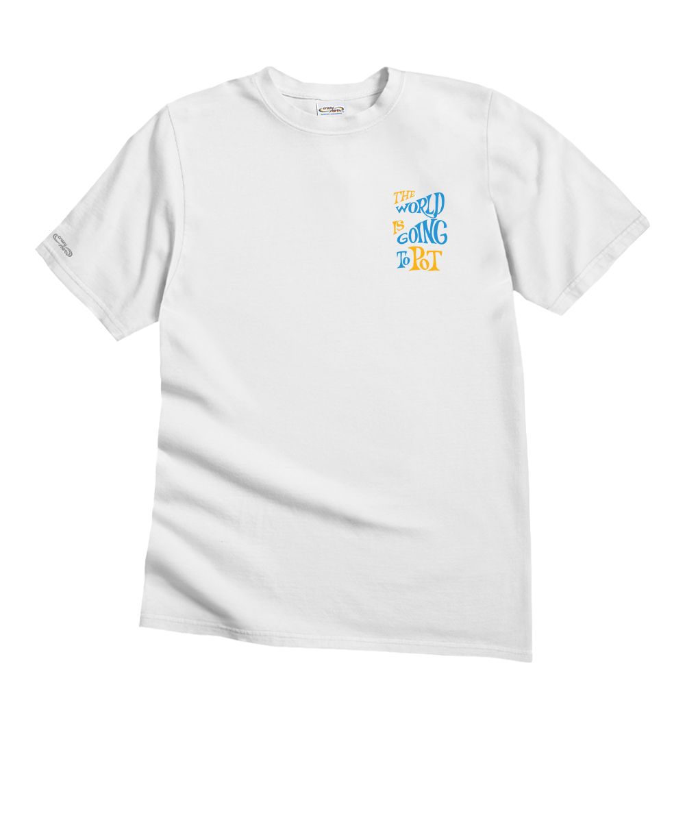 White t-shirt with colorful text design on a white background View 4