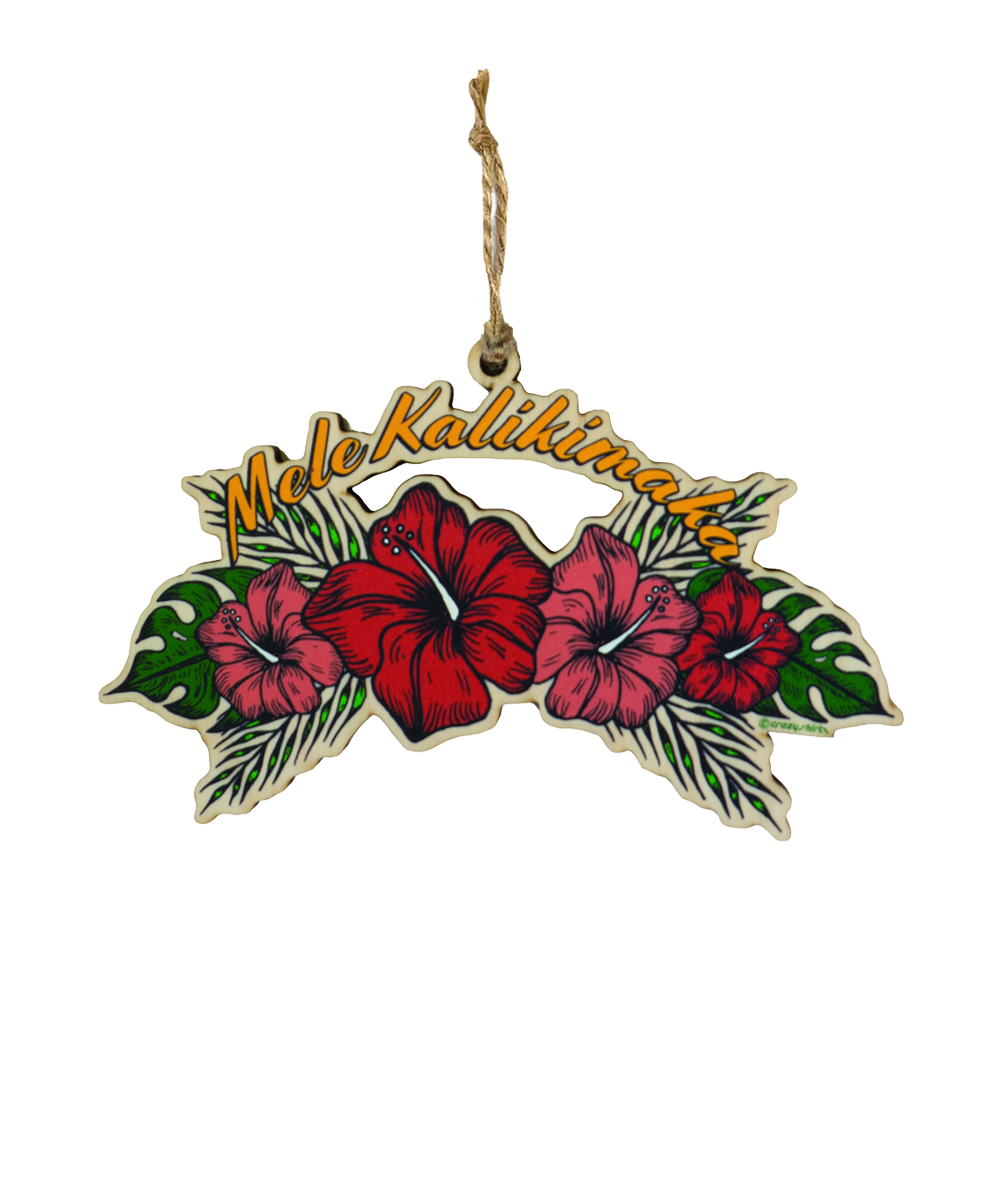 A decorative hanging ornament featuring tropical floral artwork with red and pink hibiscus flowers, green leaves, and the words “Molo Kalikimahi” in yellow script, suspended by a twine string on a white background. View 1