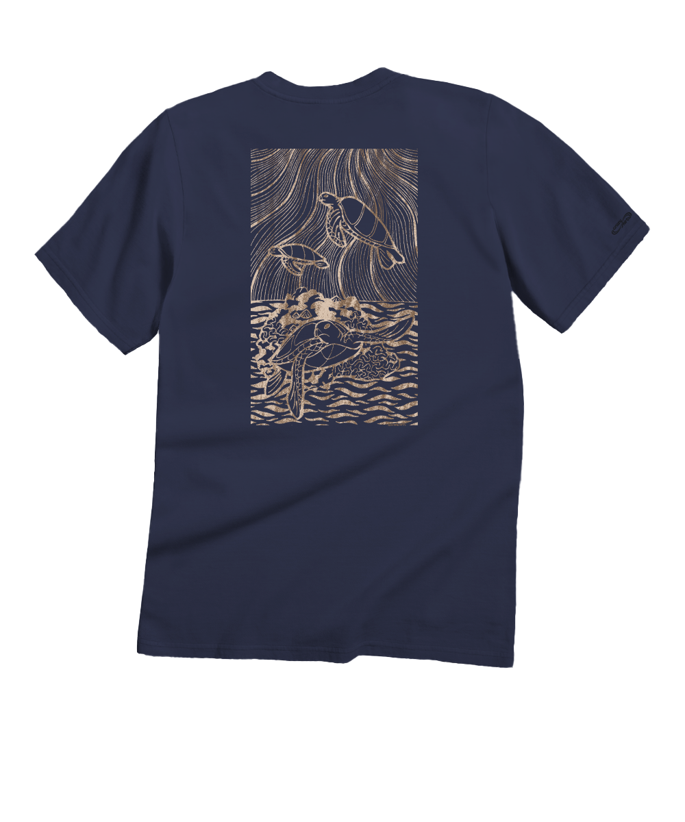 A navy blue short-sleeve t-shirt shown from the back, featuring a large rectangular graphic print with a beige woodblock-style illustration of turtles. View 1
