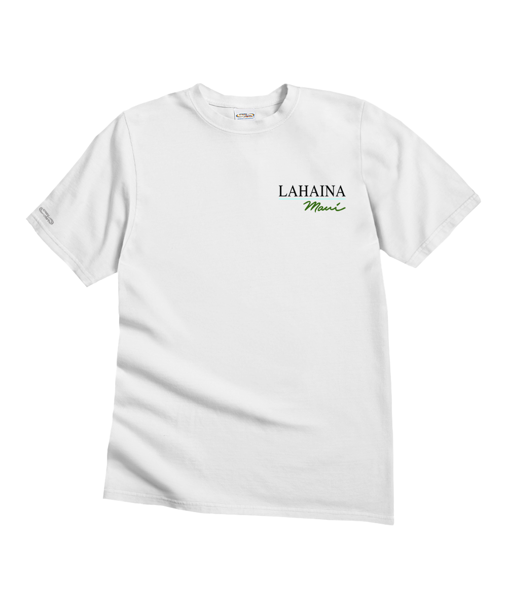 A white short-sleeve crewneck t-shirt with 'LAHAINA Maui' printed on the left chest in black and green lettering, displayed against a plain white background. View 4