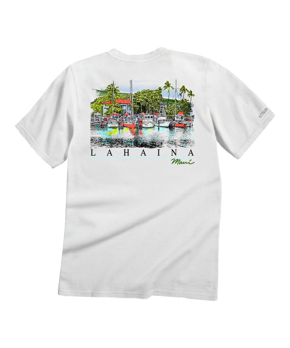 White short-sleeve t-shirt showing the back side with a colorful graphic print of a Lahaina marina scene and the text 'LAHAINA Maui'. View 1