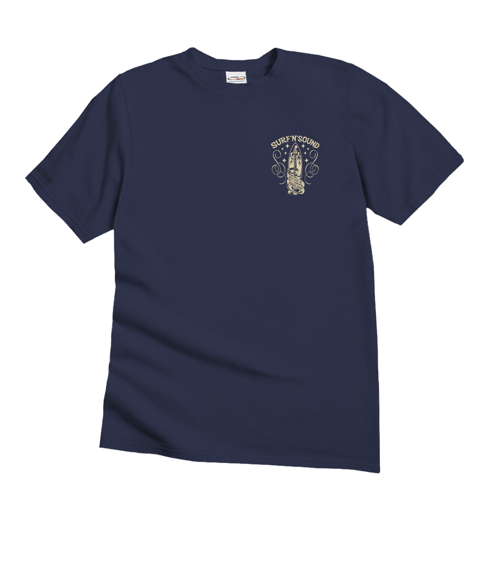 A navy blue short-sleeve crewneck t-shirt with a small beige graphic on the left chest  View 4