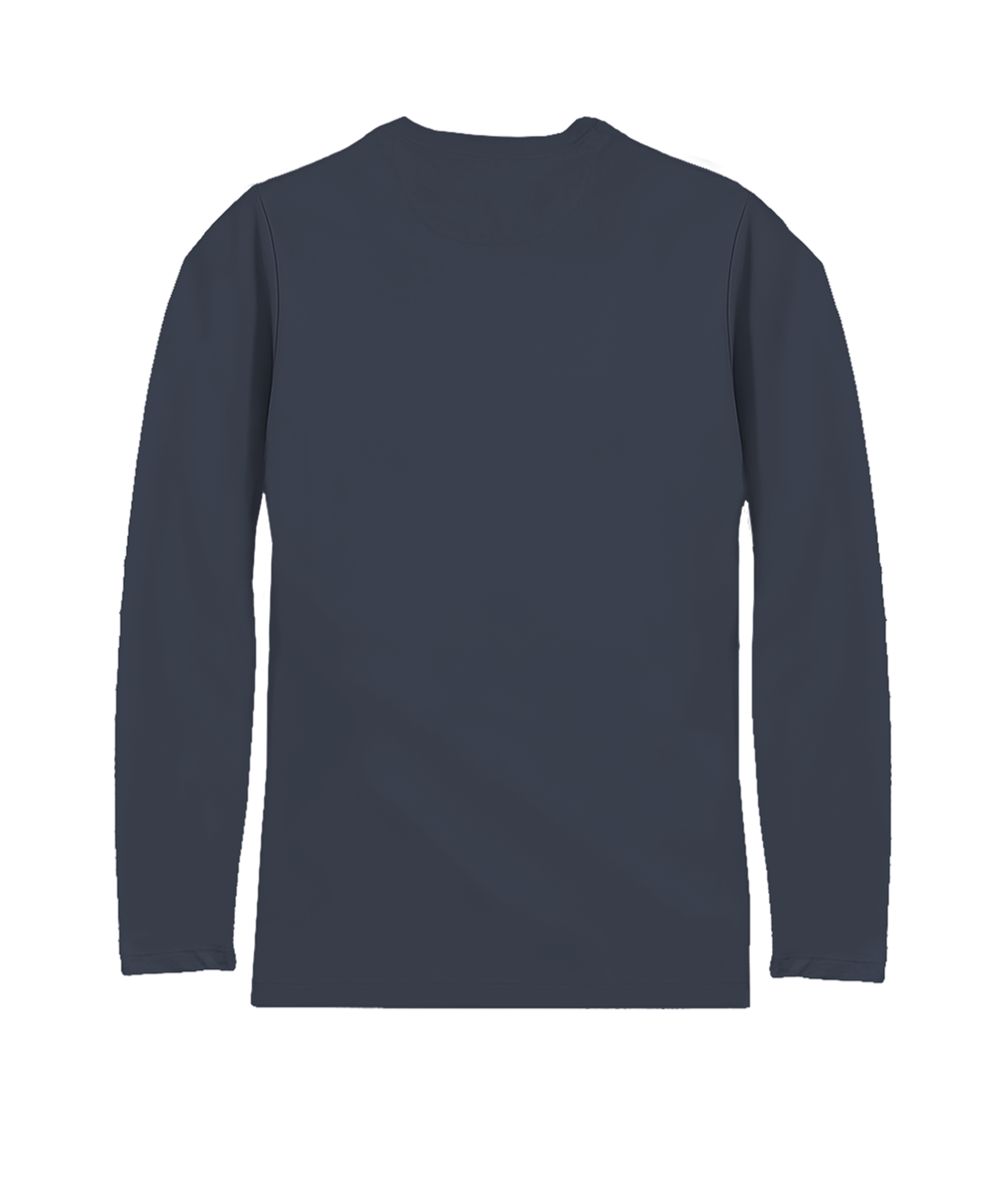 A dark navy blue long-sleeve crewneck shirt shown from the back, isolated on a solid white background. View 4