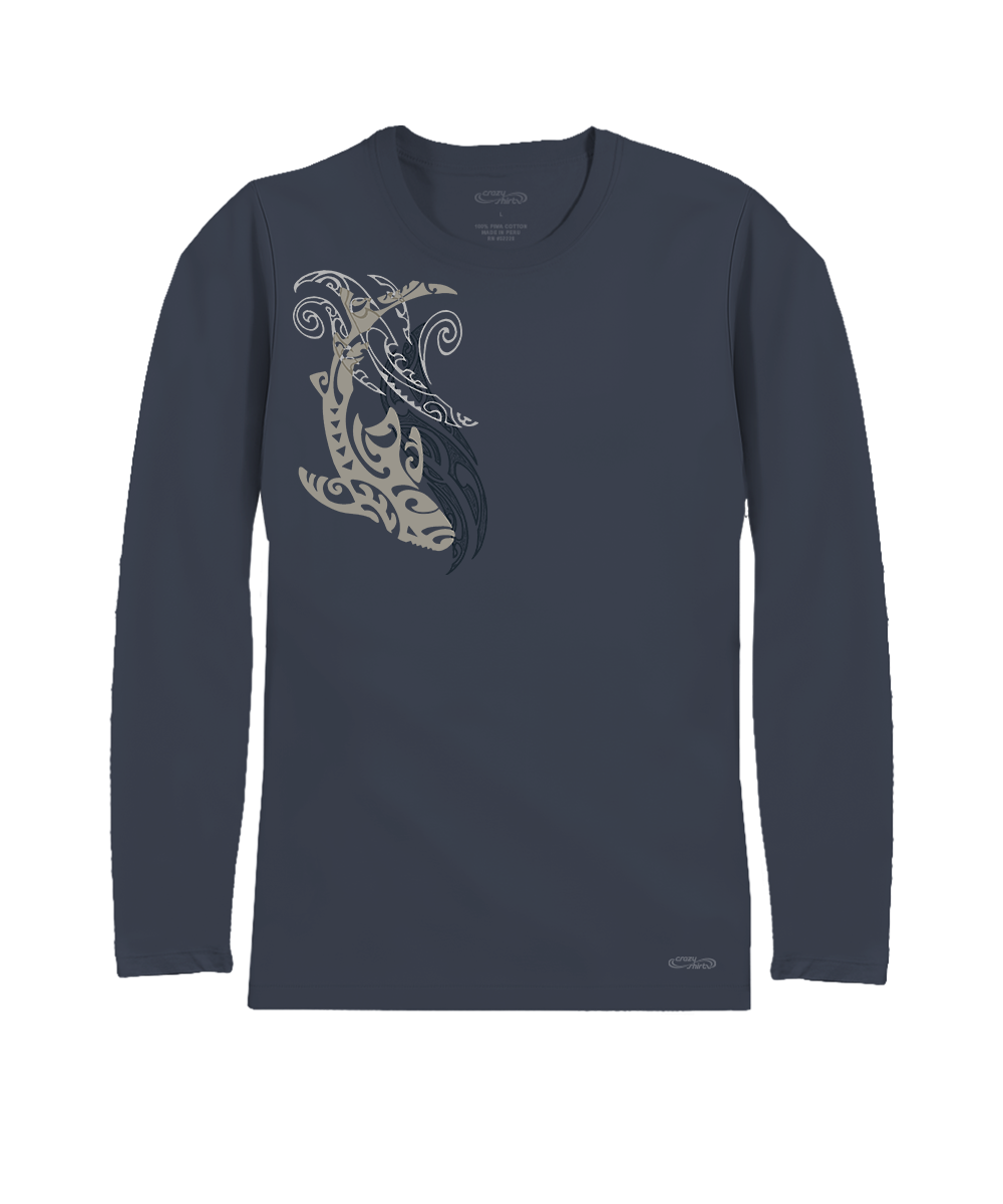 Navy long-sleeve shirt with a graphic design on a white background View 1