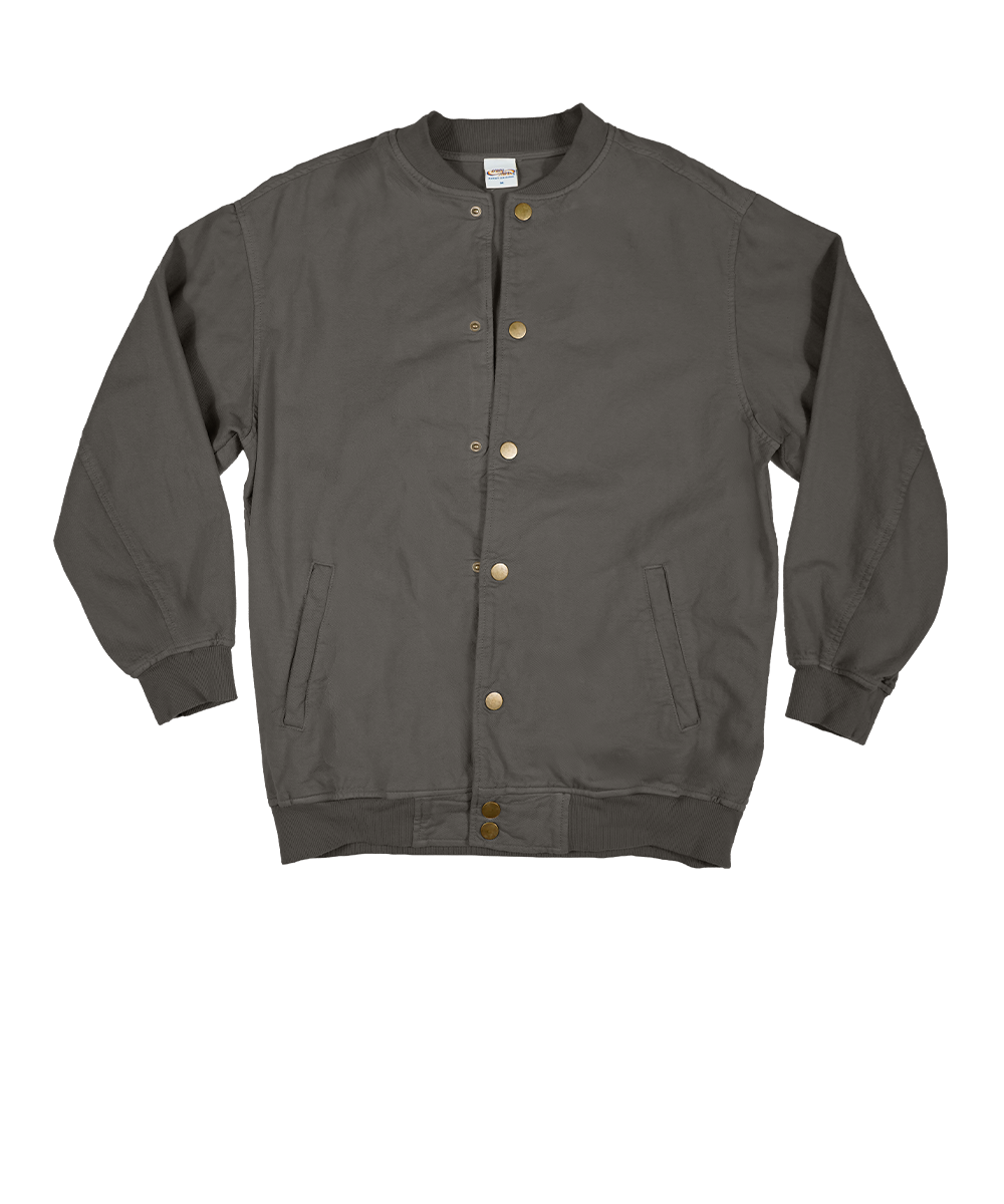A dark gray varsity-style jacket with a button-front closure, ribbed collar, cuffs, and hem, featuring a distressed American flag graphic on the left chest. View 4