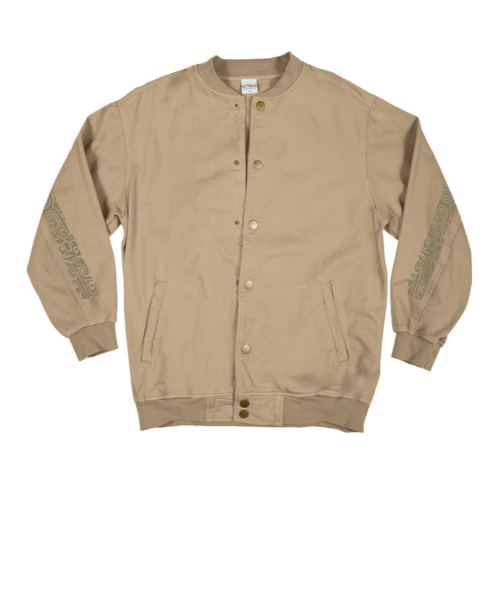 A tan button-up jacket with decorative embroidered patterns on both sleeves, shown flat against a white background. View 1