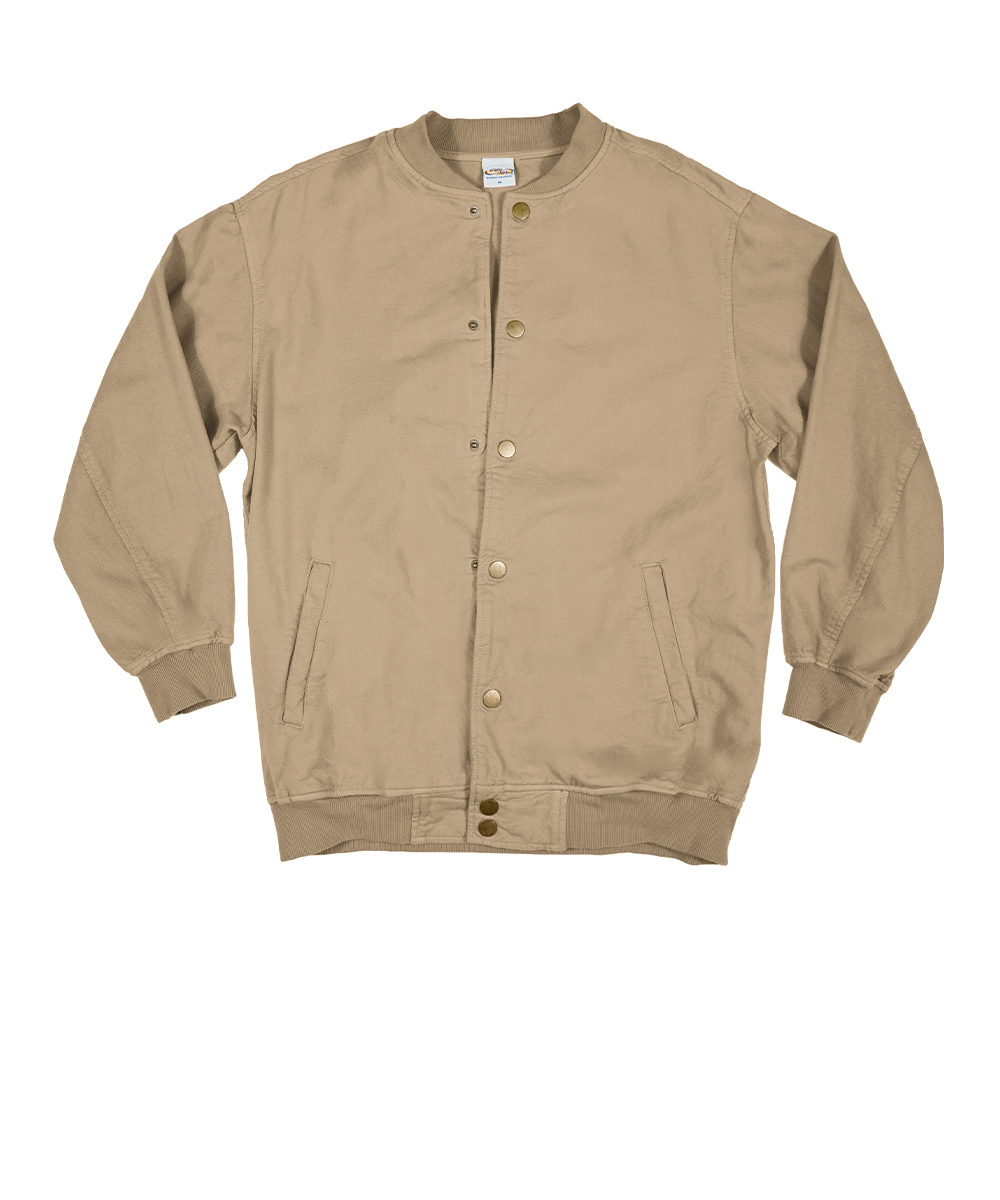 A tan corduroy button-up jacket with a stand collar, ribbed cuffs and hem, and two front handwarmer pockets, shown flat on a white background. View 1
