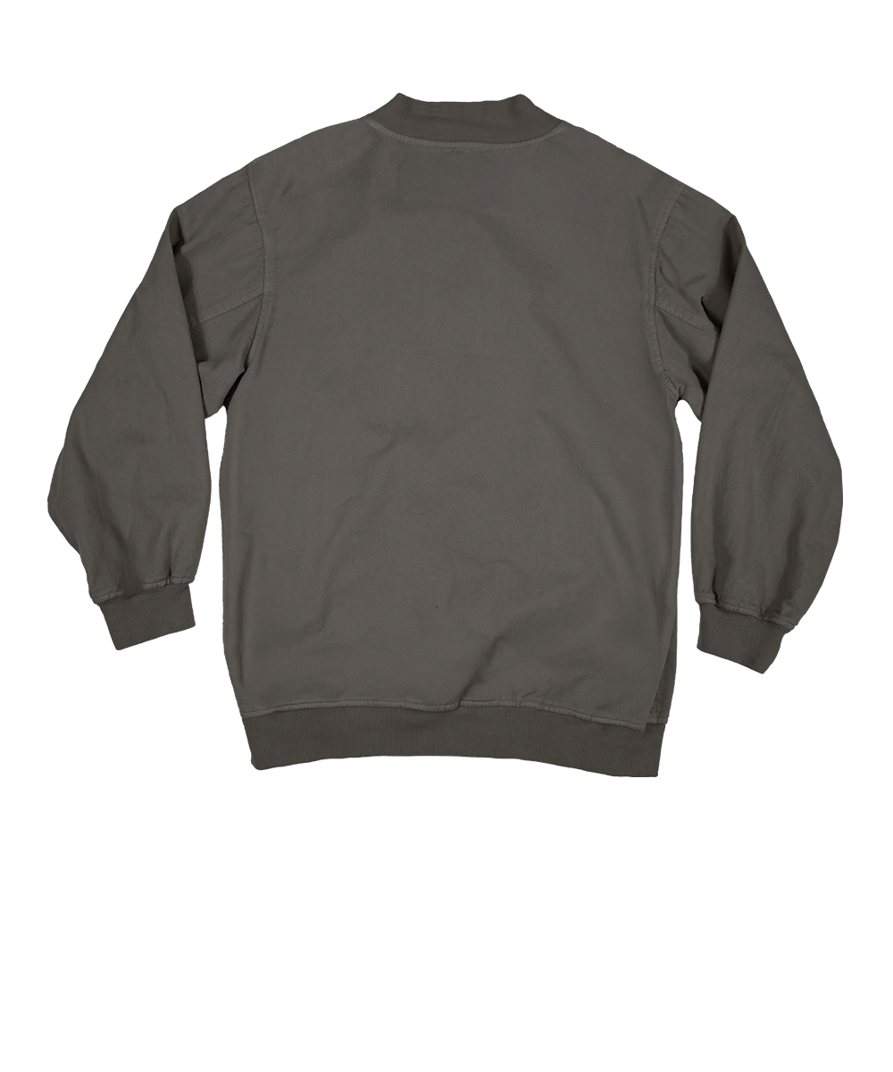 A dark gray crewneck sweatshirt shown from the back, featuring ribbed cuffs and hem, laid flat against a white background. View 4