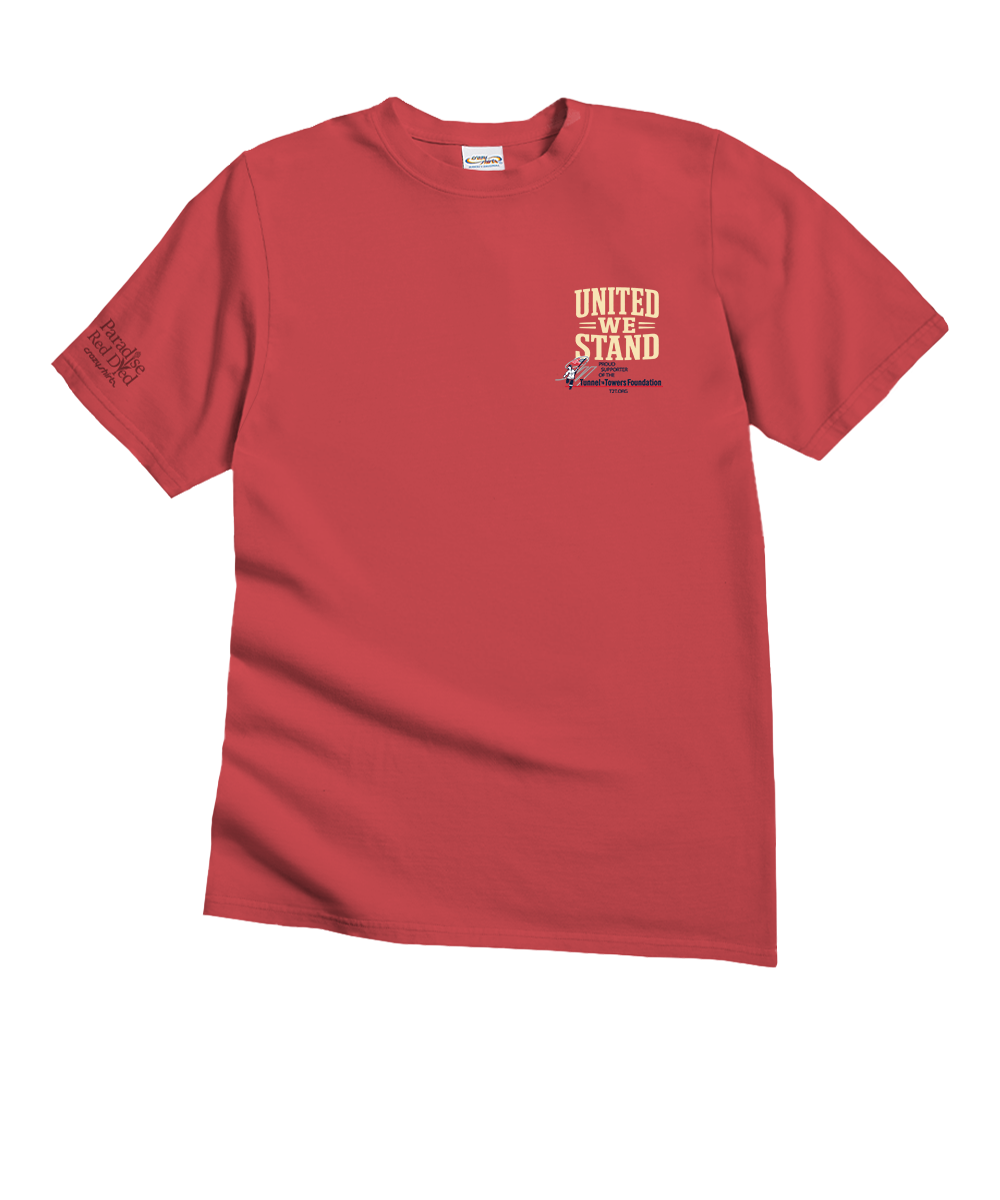 A red short-sleeve crewneck t-shirt with a graphic on the left chest that reads 'UNITED WE STAND' in beige and red, featuring a small blue and red flag. The right sleeve has a vertical graphic reading 'United We Stand' in red and beige. View 4