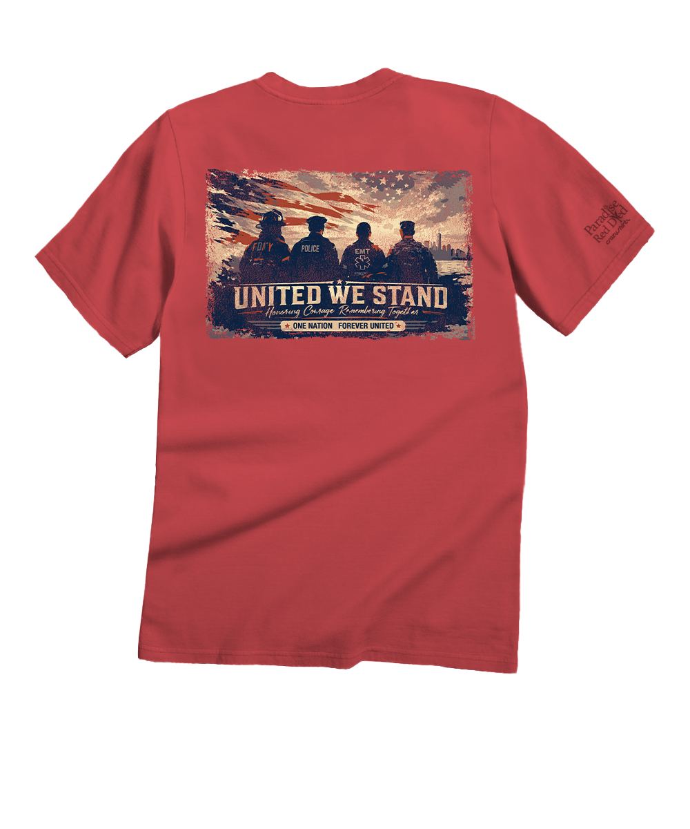 A red short-sleeve t-shirt shown from the back, featuring a large graphic print of four military silhouettes under a distressed American flag with the text 'UNITED WE STAND' and '2024 U.S. View 1