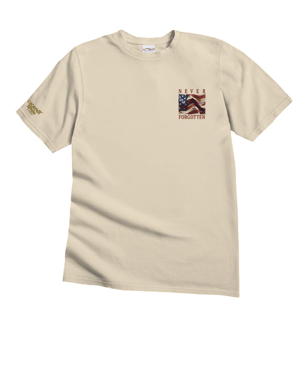 A beige short-sleeve crewneck t-shirt with a small 'Never Forgotten' American flag graphic printed on the left chest. The right sleeve features a gold embroidered 'Patriot' design. View 4