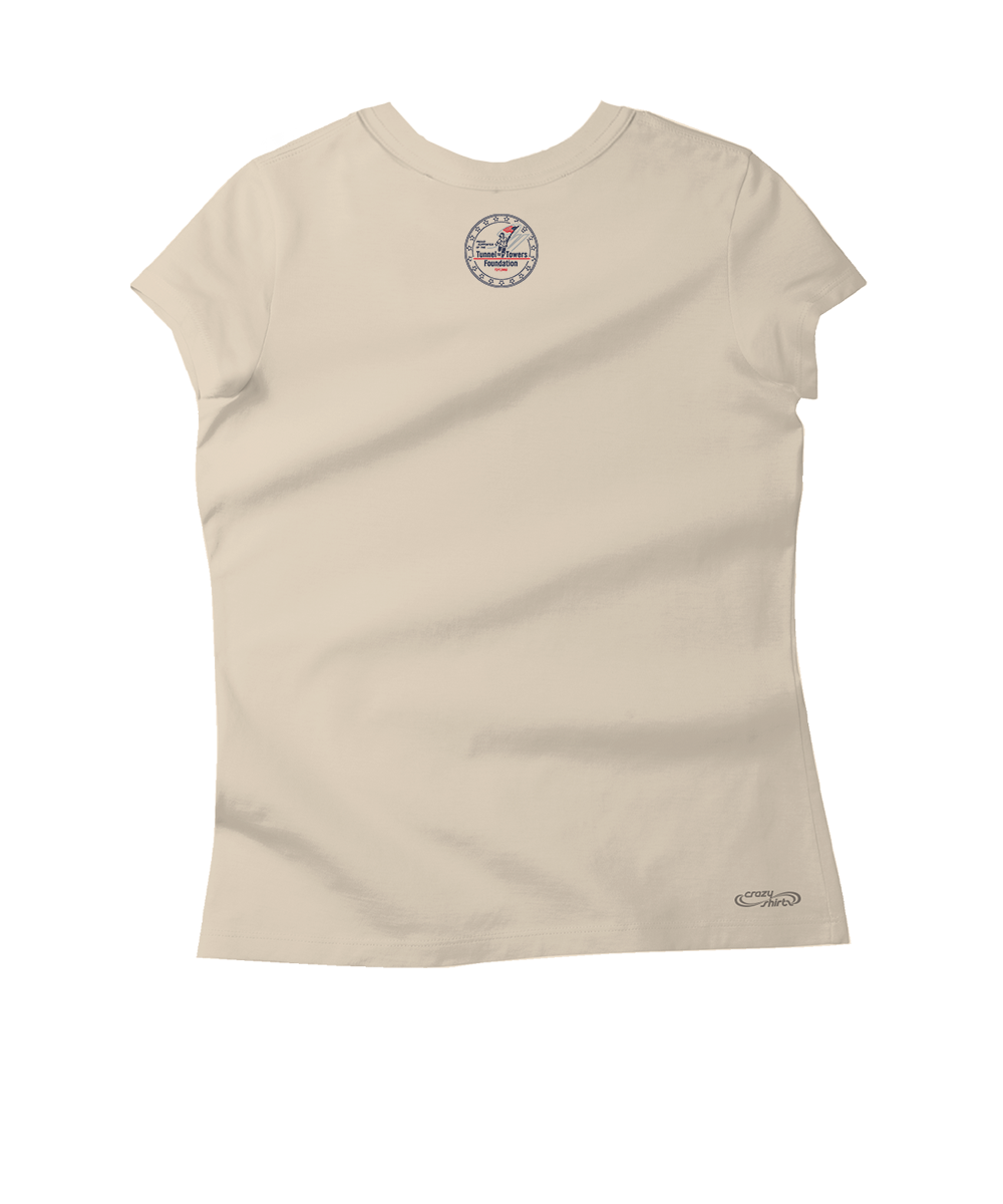 A beige short-sleeve t-shirt with a circular chest graphic and a small script logo near the bottom right hem, displayed on a solid white background. View 4