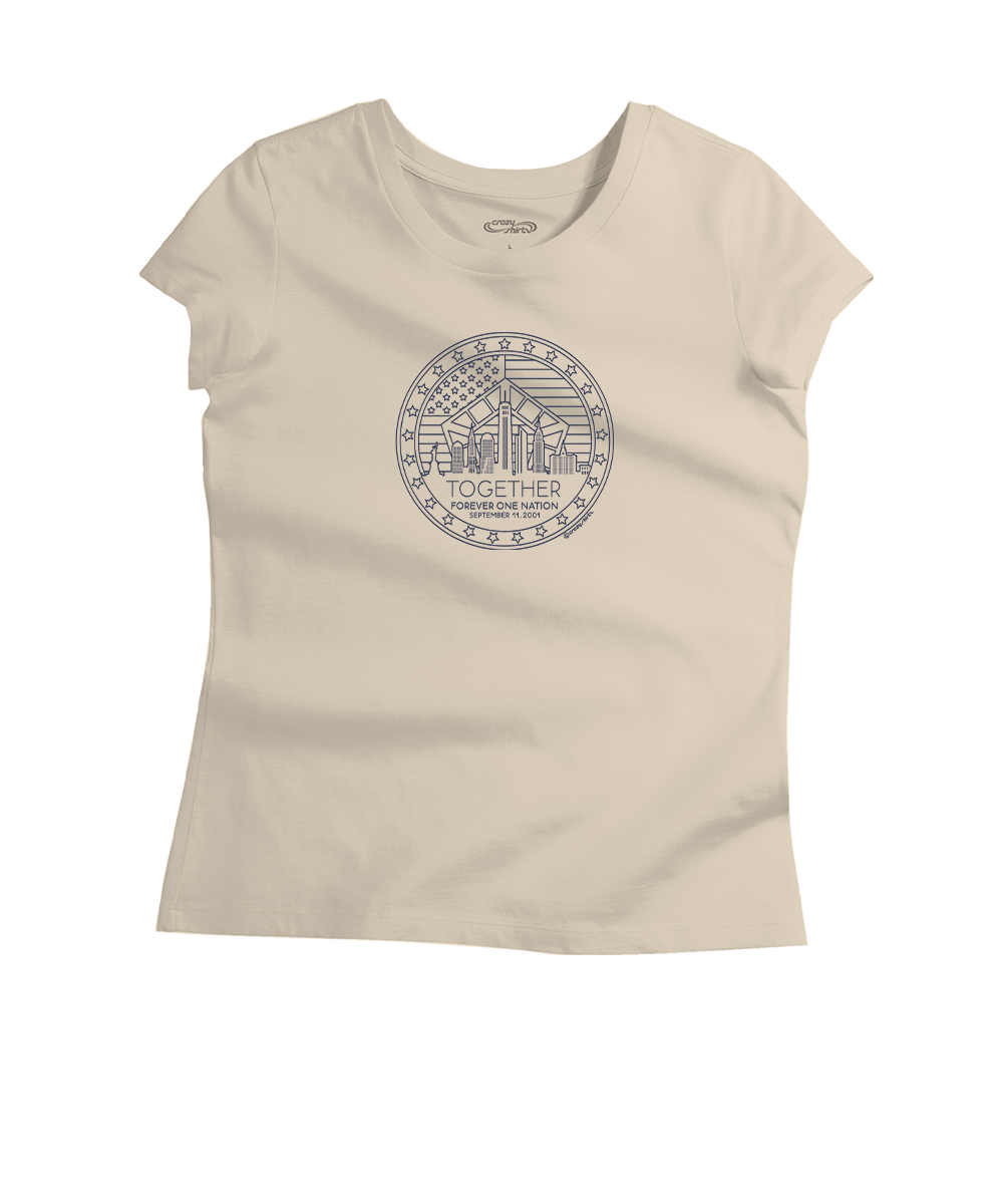 A beige short-sleeve crewneck t-shirt with a gray circular graphic on the chest featuring a house and the text 'TOGETHER WE CAN BUILD A FUTURE'. View 1