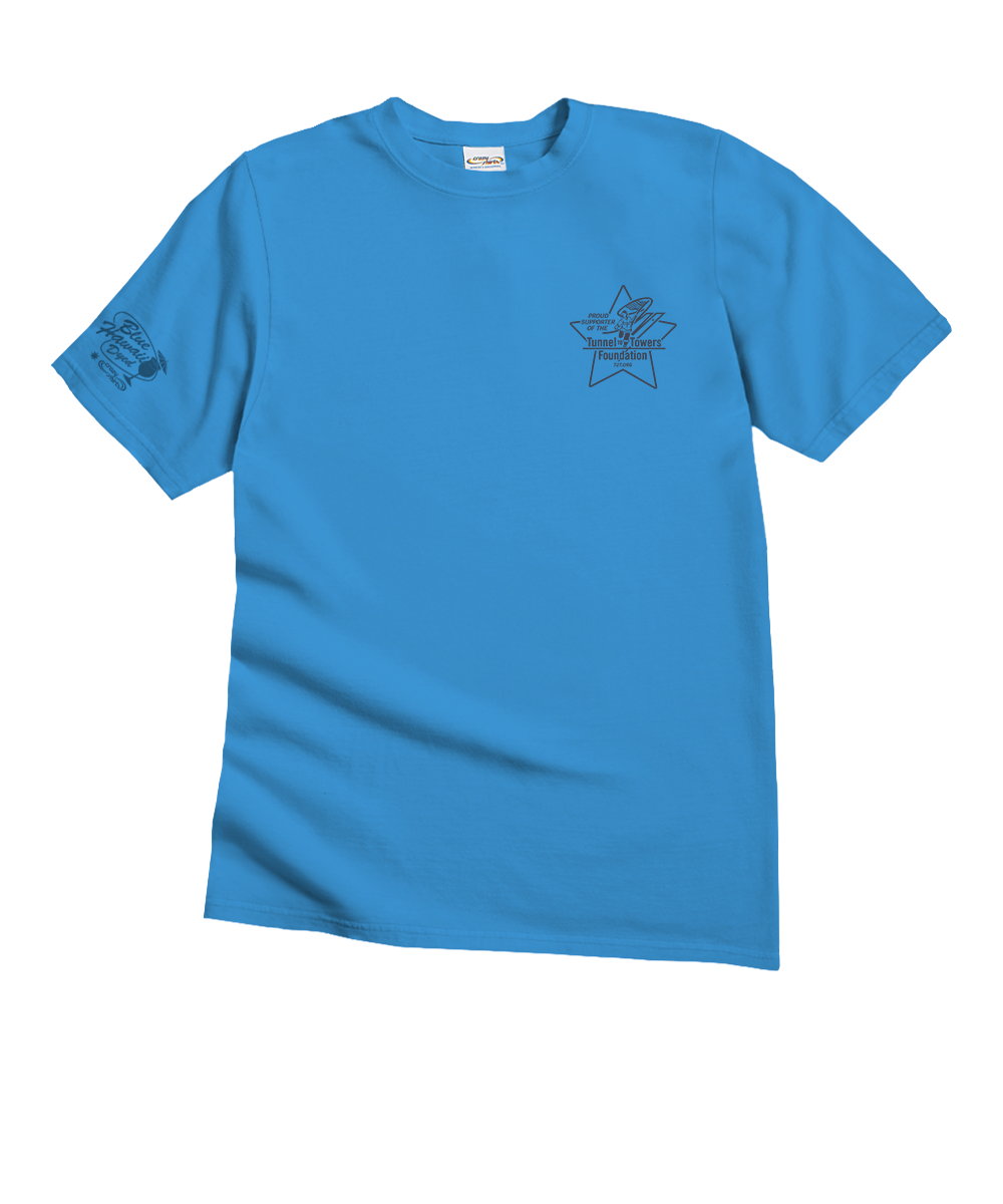 A bright blue short-sleeve crewneck t-shirt with a dark blue graphic on the left chest and a matching graphic on the right sleeve, displayed on a clean white background. View 4