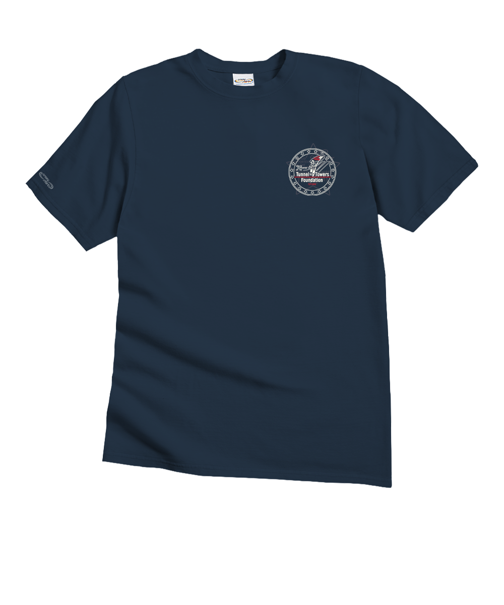 Navy blue t-shirt with a logo on the chest against a white background View 4