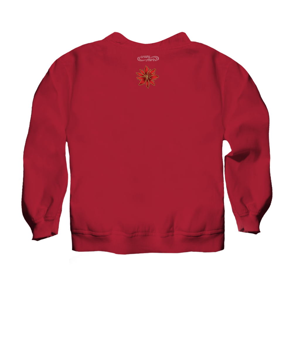 A red crewneck sweatshirt shown from the back, featuring a small red and orange starburst graphic with the text 'SUNRISE' in white above it, set against a plain white background. View 4