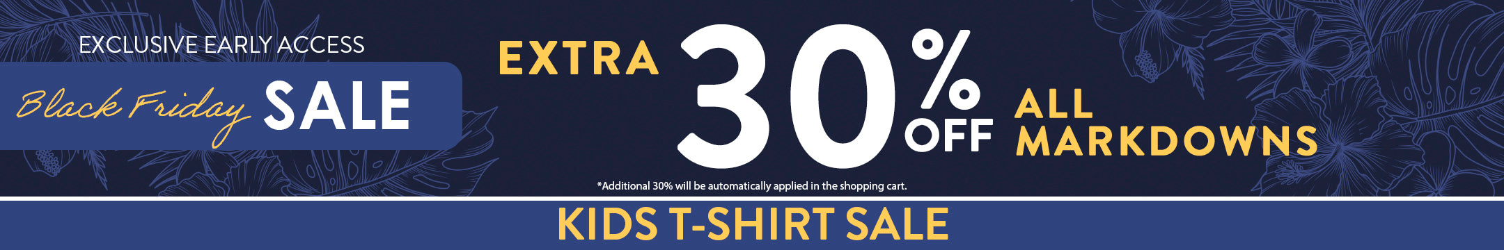 Promotional banner for a Black Friday sale with 30% off kids' t-shirts.