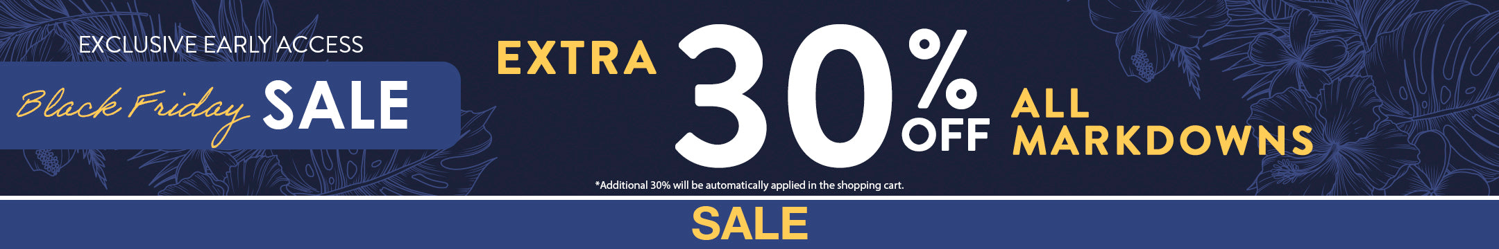 Black Friday sale banner with 30% off markdowns on a blue background