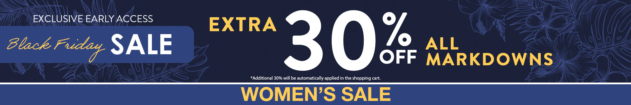 Promotional banner for Black Friday sale with 30% off markdowns on a blue background.