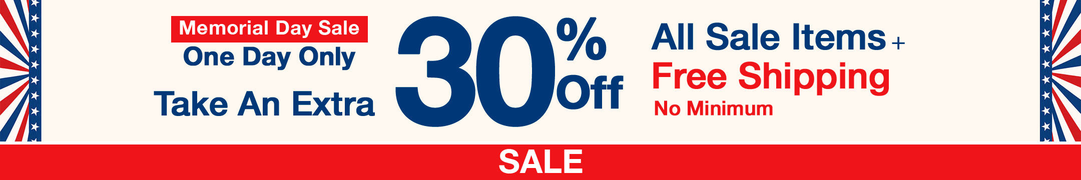Memorial Day sale banner with 30% off, free shipping, and one day only offer.