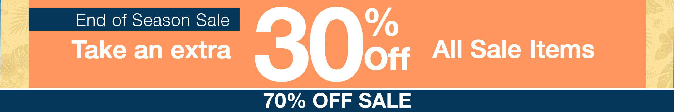 Promotional banner with 30% off and 70% off sale text on an orange and blue background