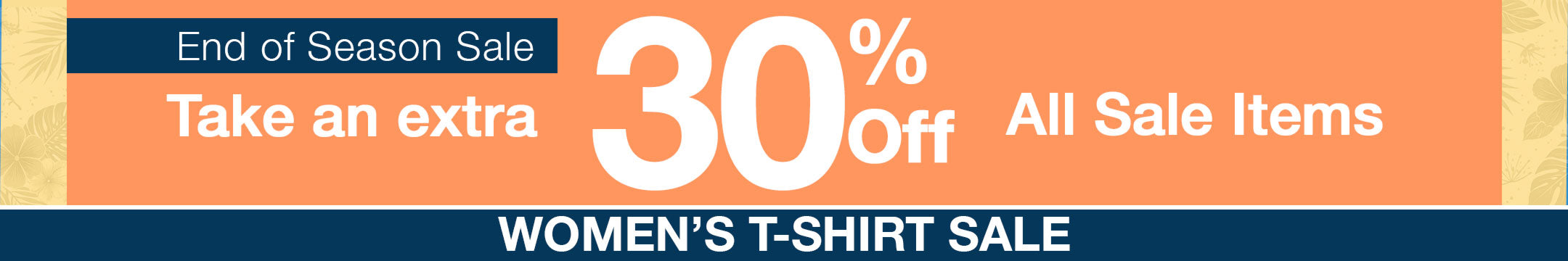 Promotional banner for women's t-shirt sale with 30% off on all sale items.