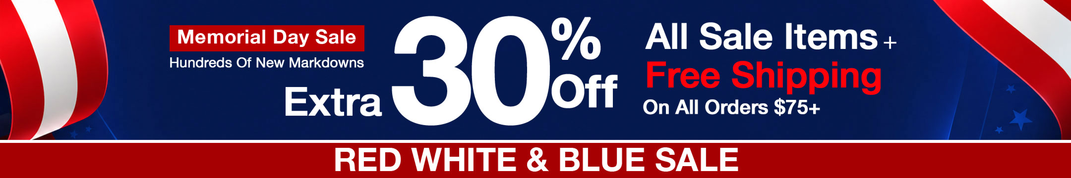 Red White and Blue Sale Memorial Day sale banner with discount information and promotional text.