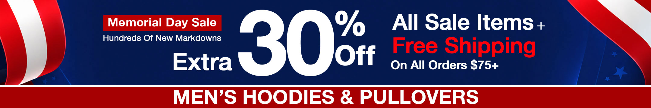 Mens hoodiees & puullovers Memorial Day sale banner with discount information and promotional text.