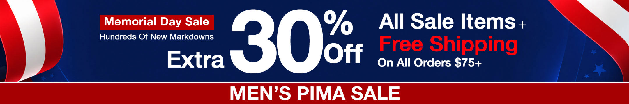 mens pima Memorial Day sale banner with discount information and promotional text.