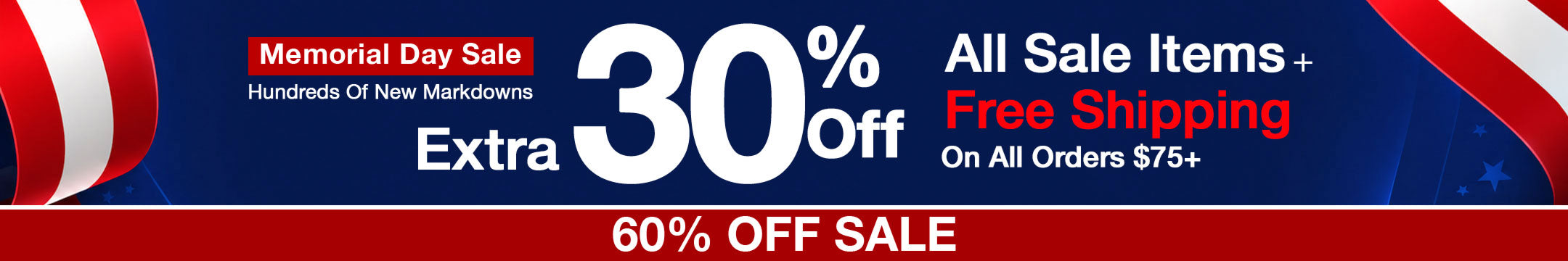 60% off Sale Memorial Day sale banner with discount information and promotional text.