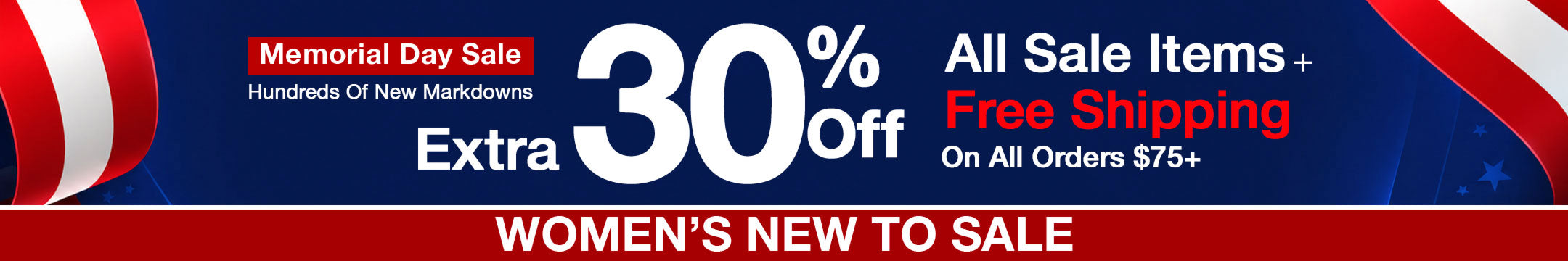 Womens New To Sale Memorial Day sale banner with discount information and promotional text.