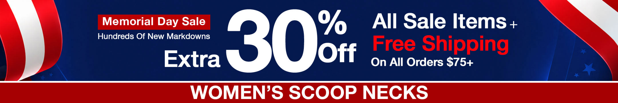 Womens Scoop neck Memorial Day sale banner with discount information and promotional text.