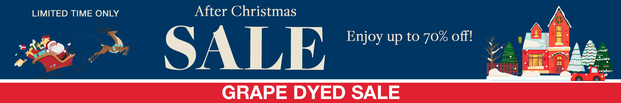 After Christmas Sale Banner for the Grape Dyed Collection. Up to 70% off sale and free shipping on all orders $150+.