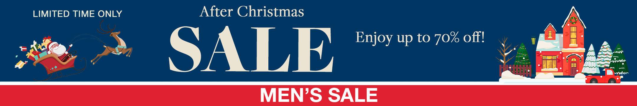 After Christmas Sale Banner for the Mens Sale Collection. Up to 70% off sale and free shipping on all orders $150+.