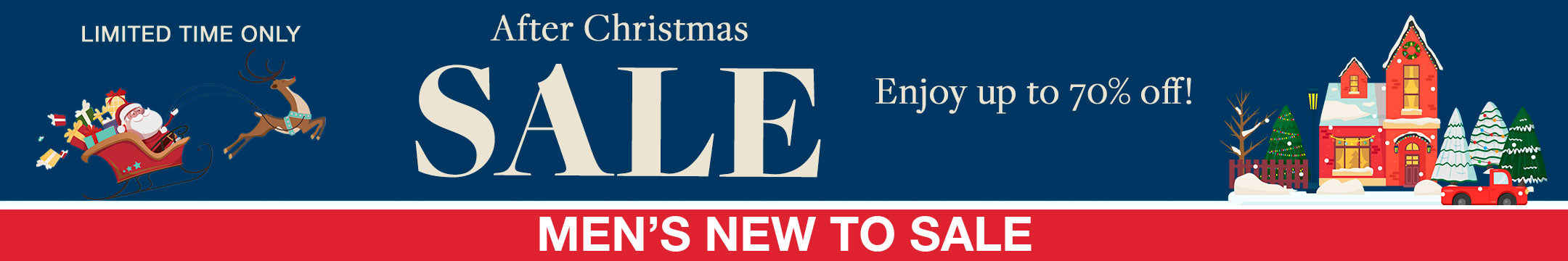 After Christmas Sale Banner for the Mens New To Sale Collection. Up to 70% off sale and free shipping on all orders $150+.