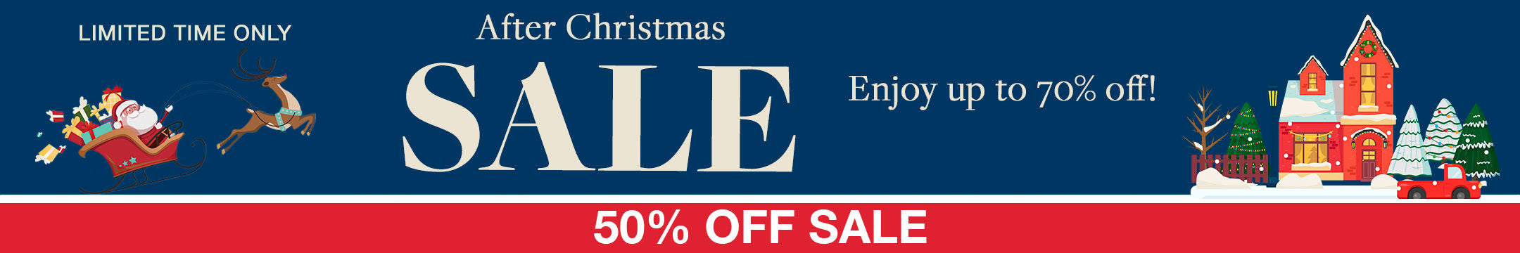 After Christmas Sale Banner for the 50% Off Collection. Up to 70% off sale and free shipping on all orders $150+.