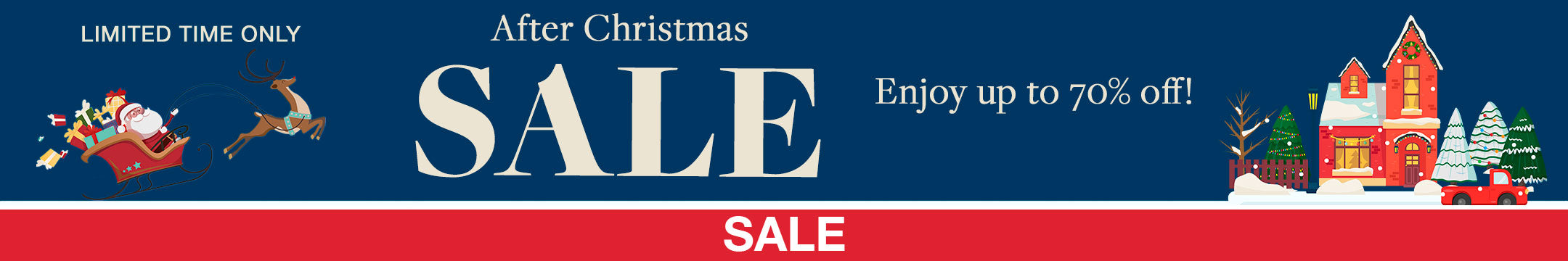 After Christmas Sale Banner for the Sale Collection. Up to 70% off sale and free shipping on all orders $150+.