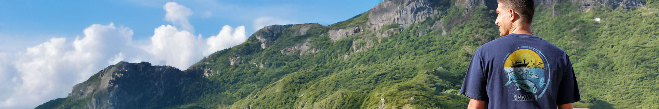 Person wearing a t-shirt with a mountain design, standing in front of a scenic mountain landscape.
