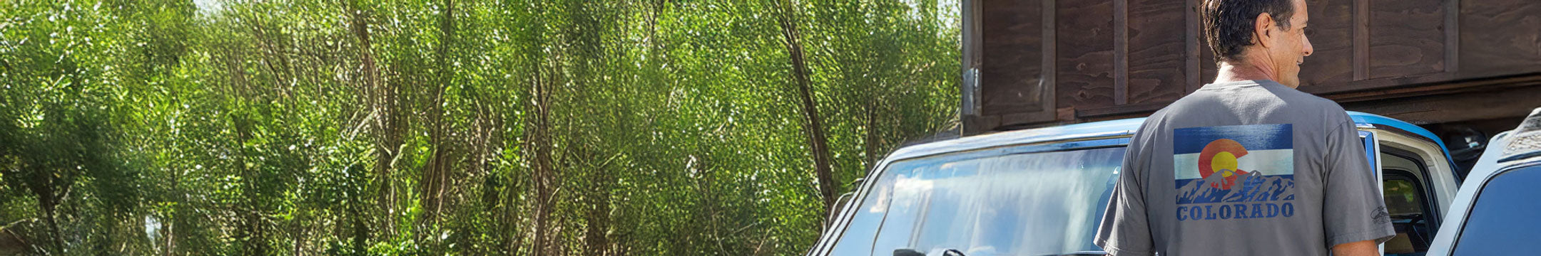 Person standing next to a car with a scenic background