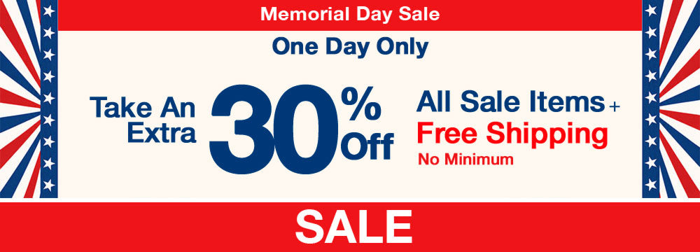 Memorial Day sale banner with 30% off, free shipping, and red, white, and blue design.