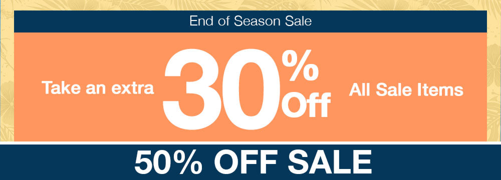 Promotional banner with 30% off and 50% off sale text on an orange and blue background.